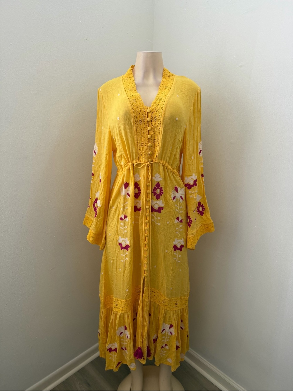 Frock & Frill Mustard Yellow Embroidered Boho Midi Dress